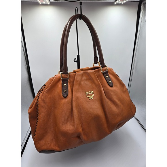 MCM Leather Satchel Handbag Purse Cognac Brown Top Handle Designer Bag - Picture 11 of 16